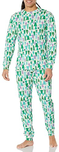 Amazon Essentials Conjunto de pijama de punto para hombre, color crudo con árbol festivo, talla L