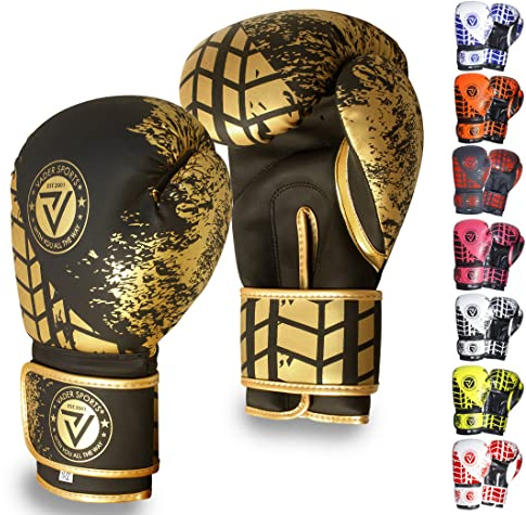 VADER Skin-Tec Leather Boxing Gloves Kids Adults- MMA Muay Thai Punching Training Sparring Gloves for Men & Women Kickboxing Punch Bag Glove 4 6 8 10 12 14 16 Oz (Gold/Black, 6 Oz)