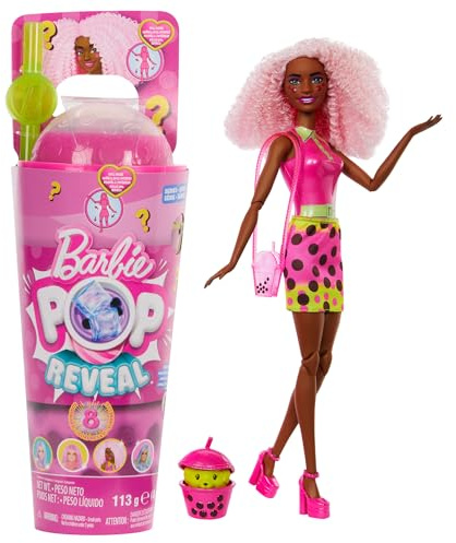 Barbie Pop Reveal Muñeca con Pelo Rosa, con Vaso Té de Burbujas Frutos Rojos, con Cubitos de Hielo Que revelan Ropa, Mascotas y Accesorios Sorpresa, Juguete +3 años (HTJ20)