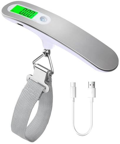 Rechargeable Digital Travel Scale with Strap for Luggage Suitcase Baggage Weighing, Weight Max up to 110 Lbs/50kg & LCD Display Screen Design,USB Type-C Port (Silver)