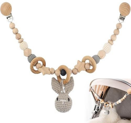 KBIBCK Kinderwagenkette Holz, Kinderwagen Kette für Babys, Kinderwagenkette Mädchen Junge, Kinderwagen Spielzeug, Geschenk zur Geburt für Mädchen und Junge ab 0+ Monate