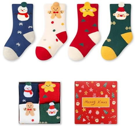 Sawnfay julstrumpor för barn – 4 par, julstrumpor för barn, idealisk present för pojke och flicka för födelsedag och jul, storlek M (3-6 år), Storlek M (3–6 år), 3-5 år