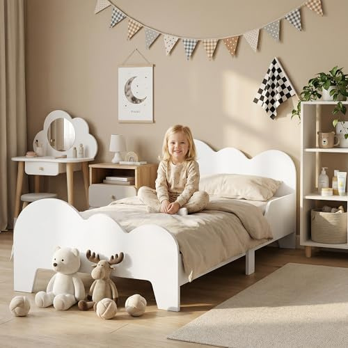 AIYAPLAY Toddler Bed, Cloud-Themed Kids Bed Frame with Safety Rails, Kids Bedroom Furniture, for Ages 3-8 Years, White