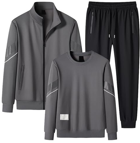 Men's Suit Sports Long Sleeved Stand Up Collar Cardigan Jacket Round Neck Sweatshirt Three Piece Suit Jogginghose Herren Set (Dark Gray, M)