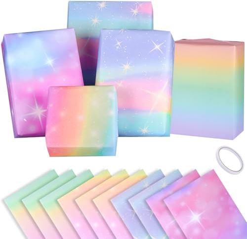 10 Feuille de Papier Cadeau Fille avec Ruban Adhésif Double Face, Papier Emballage Cadeau Anniversaire Rose Violet pour Femmes et Filles (50 * 70cm)