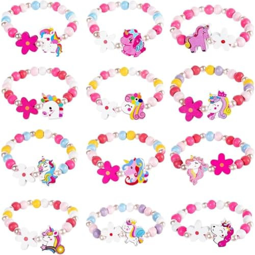 WUSJCOF 12Pz Braccialetti di Legno per Bambine, Gioielli per Bambini Fatti a Mano, Unicorno Fiori Farfalle dell'Amicizia Gioielli per Bambini, Regali per Bambine Compleanno (Multicolore)