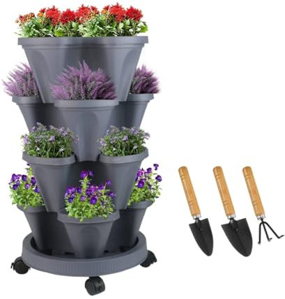 Sthrucrack Jardinera apilable, jardín Vertical de Torre, Juego de jardineras Verticales para Fresas, Hierbas y Flores (Gris Oscuro, 4 Niveles)