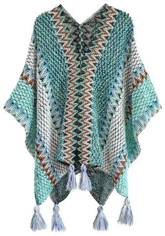 Miaikvs Poncho para mujer, estilo étnico vintage, a rayas, de punto, con frente abierto, para mujer, Verde 1, Altoa única