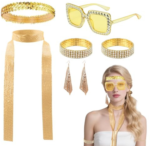 SAIIURV 7 Pezzi Accessori Discoteca Costume da Disco Degli 70s Paillettes Nappe Orecchini Fascia Strass Bracciale Collana Occhiali Da Sole, per Retrò Festa Costumi Cosplay Carnevale (Oro) (Oro)