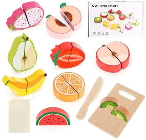 Fruits Enfant en Bois à Découper, Cuisine Jeux Accessoire Aliments Nourriture, Cuisine Aliments Jouets Montessori, Enfants Jeu d'imitation Jeux a Decouper Cadeau Enfant 2-3 Ans