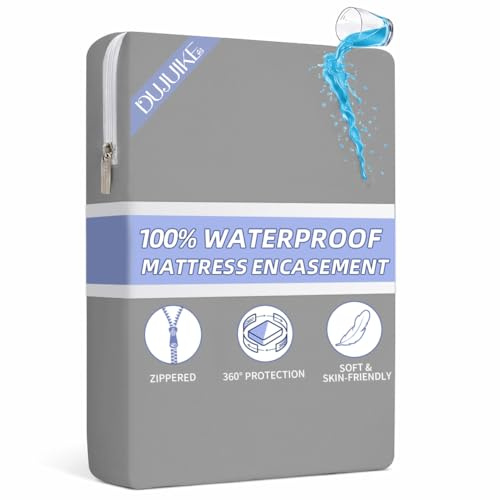 DUJUIKE Waterproof Mattress Cover, Zippered Mattress Protector, 100% Waterproof, Bed Bug and Dust Mite Repellent, Hypoallergenic, Double-Side Zippers (Grey, Single: 90 x 190 x 30 cm)