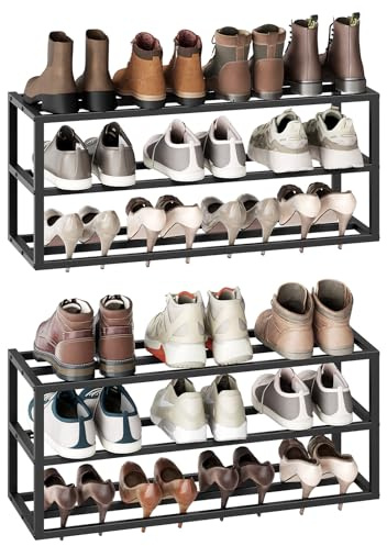 HOOBRO Lot de 2, Étagère à Chaussures Murale à 3 Niveaux, Range-Chaussures Suspendu, Organiseur Vertical en Métal pour 18-24 Paires, Porte-Chaussures, pour Entrée, Couloir, Placard, Noir EBK33XJP201