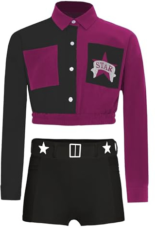 Miutii Set di vestiti da ragazza Hip Hop a maniche lunghe sportive crop top + pantaloncini tuta sportiva da street dance outfit jazz abbigliamento da danza, bordeaux, 158-164 cm