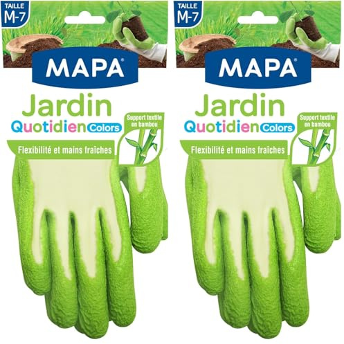 MAPA - Jardin Quotidien Colors - Gants de Jardinage Enduction Latex et Textile Bambou - Souples et Absorbants - 1 paire - Coloris Aléatoire Rose/Vert/Bleu - Taille M (Lot de 2)