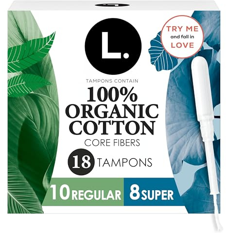 L. Tampons, Made with Organic Cotton, Regular/Super Absorbency, Multipack, Made Without Synthetic Pesticides, Rayon or Fragrances, Applicator Made Without BPA, Leak-Stopping Design, 18 Count