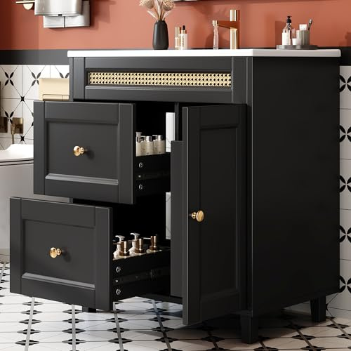 Tocador de baño independiente, rieles de cajones dobles silenciosos, puertas de armario con función de cierre suave, asas doradas y adornos de ratán, lavabo de cerámica, negro, 76 x 46 x 86,5 cm