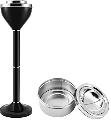 Anfrere Standing Ashtray Outdoor for Patio, Large & Tall Outside Ashtrays for Cigarette Butt Receptacle Disposal, Commercial Metal Smokers Cigar Ash Tray Container with Lid, Polished Black, B01BK