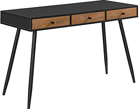 Scrivania (AxLaxP) 75 x 115 x 48 cm Consolle con 3 Cassetti, Scrittoio su Gambe in Metallo, Tavolo da Computer per Ufficio/Casa - Nero/Color Legno Scuro