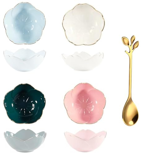 Winlauyet Juego de 4 cuencos de cerámica para salsa con cuchara, mini cuencos en forma de sakura, vajilla de flor de cerezo, platos de soja para aperitivos, aperitivos y postres, KC0134UK