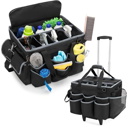 HODRANT Caddie de Limpieza Grande con Carro Desmontable y Correa para el Hombro, Bolsa de Artículos de Limpieza con Placas de Soporte Alrededor y Bolsillos, Bolsa Organizadora de Limpieza con Ruedas