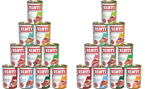 Rinti-Kennerfleisch 20 x 400g Mixpaket | 10 garantierte Sorten | getreidefreies Nassfutter mit 70% Fleisch & Innereien | ohne Soja | Hundefutter