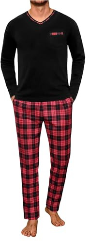 Demegimi Ensemble de Pyjama pour Homme en Coton Pyjama Homme Hiver Manche Longue à Col en V Pantalon Rayé Vêtements de Nuit Homme