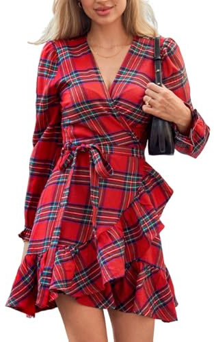 CUPSHE Abito autunnale scozzese rosso da donna con scollo a V e polsino a volant lungo manica blouson avvolgente con cravatta laterale mini abiti autunnali casual, Rosso, S