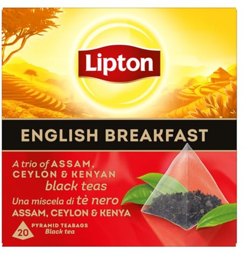Lipton Schwarztee English Breakfast, ein Trio aus Assam, Ceylon und kenianischem Schwarztee, für einen Moment des klassischen Genusses, Pyramidenbeutel, 20 Stück