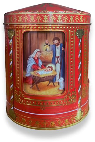 MediMuc Julkrubba musiklåda– burk, bakverksburk, förvaringsburk, kakburk, plåtburk – livsmedelssäker – mått Ø x H: 12,0 cm x 16,0 cm – volym 0,75 l