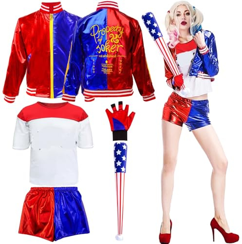 Deguisement Femme, Costume Femme Cosplay Fille Joker Quin-n Cosplay Deguisement T-shirt Veste Short et Gants Gonflable Baseball Costumes Fille Deguisement Halloween Carnaval Joker Clown Cosplay