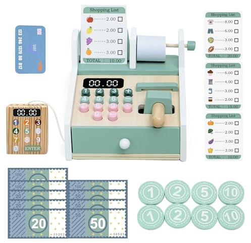Masonbaby Wooden Cash Register for Kids-Pretend Play Money Counting Toy with Scanner,Toddler Cashier Educational Grocery Store Toy Role Play Gift for Boys Girls