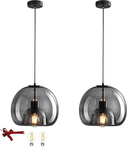 Bravsekai Glass Pendant Kitchen Island Light, 2 Packs Smoked Glass Pendant Lighting fixtures with Extra 2 Bulbs,Adjustable 130cm Cord, Modern Light for Kitchen Island,Dining Room(23cm, 2-Pack)