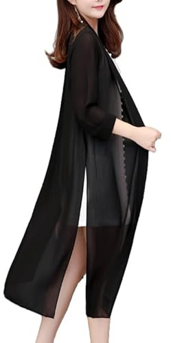 Bolero Cardigan Mujer,Cárdigan Tipo Kimono De Gasa Larga para Mujer, Traje De Baño De Manga 3/4, Ropa De Abrigo Holgada con Aberturas Laterales, Ropa De Playa Bohemia, Bolero De Verano, Tops Negro