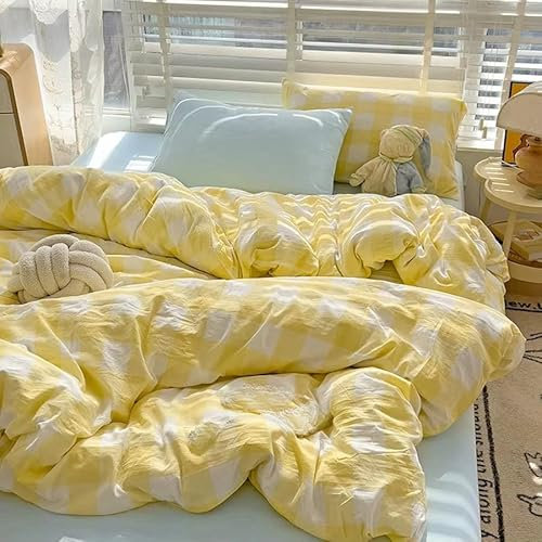 Gitter-Bettbezug-Set, Süßes Schlichtes Kariertes Geometrisches Bauernhaus-Bettwäsche-Set Gelb-Weiß Kariert Leichte Mikrofaser-Bettbezug-Bettwäsche für Kinder und Erwachsene Schlafzimmer-Dekor Do