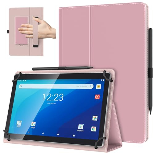 TiMOVO Custodia Universale per Tablet Android 10,1 Pollici con Anello per Penna, Cover Leggera e Pieghevole in Piedi con Cinghia a Mano per Tutti i Tablet Touchscreen da 9,6-11 Pollici, Rosa Chiaro