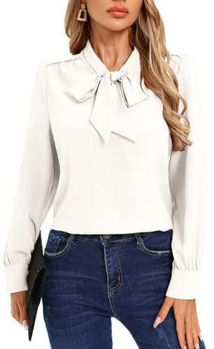 Kate Kasin White Blouse for Women Dressy Casual Bow Tie Front V Neck Work Tops Long Sleeve Office Business Professional Shirt