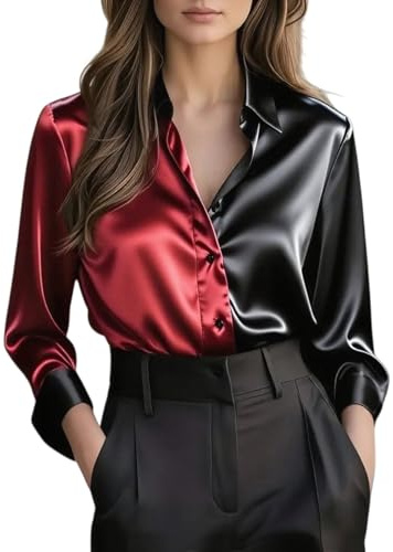 Camicia Da Donna In Raso Elegante Blusa Seta Elegante Camicetta In Chiffon Basic Camicia In Raso Da Lavoro Con Scollo a V Slik Maglietta Ufficio Button Down Sciolto Shirts Business Casual Ampia