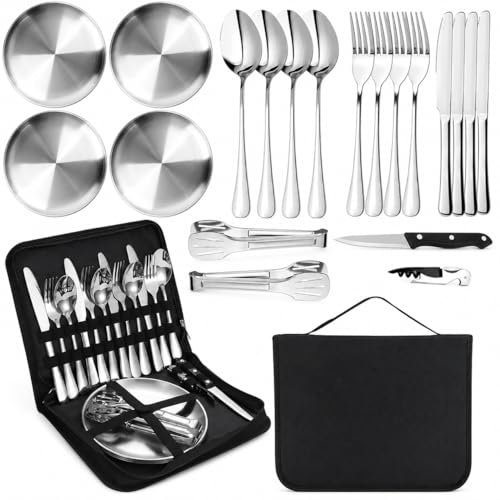 AURALIN Juego de vajilla de camping para 4 personas, juego de 20 piezas de cubiertos de camping portátiles de acero inoxidable, vajilla de viaje y picnic Incluye bolsa para cubiertos (platos