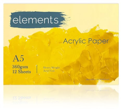 Elements Bloc de papier acrylique lourd A5 - 12 feuilles (360 g/m²), sans acide, relié, texturé pour peintures acryliques, supports mixtes et plus (A5)