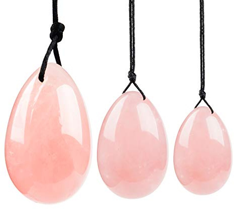 Rose Quartz Yoni Eggs, June&Ann Set of 3 Drilled Natural Chakra Healing Yoga Exercise Eggs with String Massage Stones Ben Wa Ball for Women to Train Pelvic Muscles Kegel Exercise