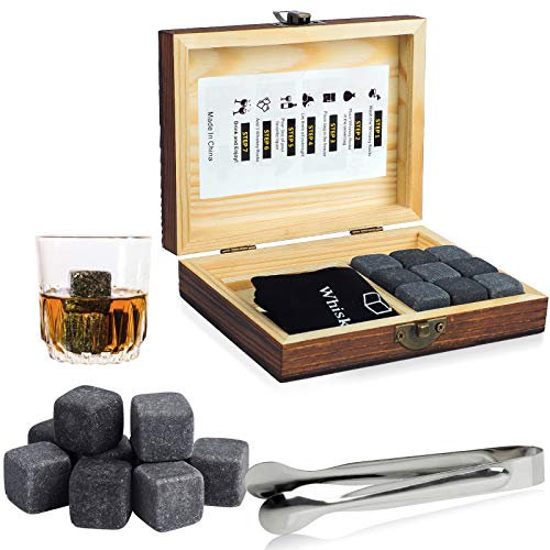 Whiskey Stones Gift Set,WOVTE 9 pcs Natural Soapstone and Granite Chilling Rocks with Stylish Box,Ice Tongs and Free Velvet Pouch (black, Granite)