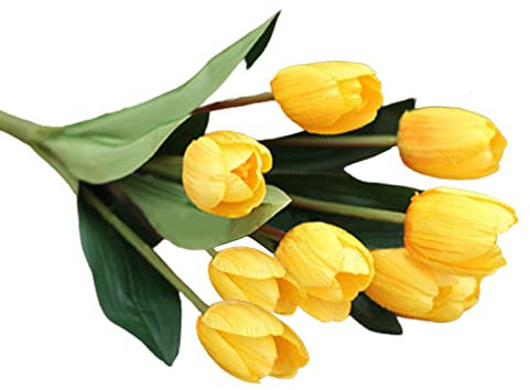 Brussels08 1 pièce / 9 têtes de tulipes artificielles au toucher réel pour bouquet de mariage, centre de table, arrangement floral, jaune