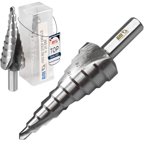 AM-Zerspanungstechnik HSS Stufenbohrer PROFESSIONELL | Bohrer für Edelstahl, Metall, Holz, Kunststoff | Schälbohrer | Blechschälbohrer | Kegelbohrer - Ø4-20mm