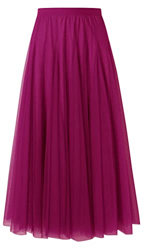 shownicer Gonna Donna Elegante Elastica A-Linea a Strati Abito Lungo a Pieghe in Tulle Motivo Floreale Gonne Midi in Pizzo a Vita Alta Orlo alla Caviglia Casual A Rose Rosso XL
