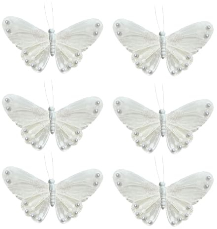 White Butterfly Stickers for Walls: 6pcs Feather Butterflies Wall Decor with Pearls Glitters for Girls Bedroom Baby Shower Wedding Cake Office Decor Floral Arrangement
