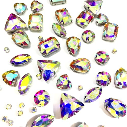 Yixinly 236 Stück Strasssteine zum Aufnähen, 7 Formen von Strasssteinen Metall Krappenfassung Glas Nähen Edelsteine​für DIY-Bastelkleidung, Kleidungs, Schuhe, Taschen (AB-Farbe)