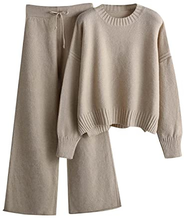 PAIDAXING Womens Oversized Knit Lounge Wear Sets 2 Piece Outfits Crew Neck Long Sleeve Sweater Tops with Wide Leg Drawstring Pants Cosy Knitwear Homewear Co Ord Sets for Women Elegant Tracksuit