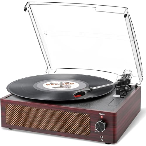 Trynnay skivspelare med högtalare vinyl skivspelare trådlös LP-fonograf med inbyggda stereohögtalare, 3-växlad remdrift, skivspelare med högtalare Deep Cherry