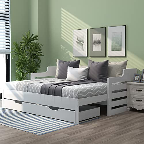 Merax Sofa Bed with Big Storage Drawer, Pull out Sofa Bed, Modern Day Bed for Living Room and Bedroom, Extendable Trundle Bed, Guest Bed for 1-2 Sleepers, White, 90-176x190cm