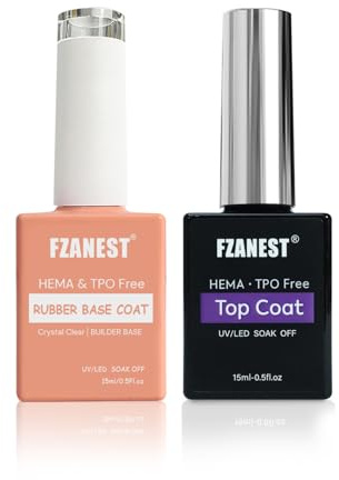 FZANEST Rubber Base Builder Gel and Top Coat Gel Nail Polish Set, Hema-free TPO-free 5 in 1 Base Coat Fill Strengthen Extension Gel Long Lasting Ultra Shine No Wipe Top Kit